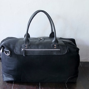 travel bag, weekend bag, duffle bag, carry on bag, overnight, canvas leather bag, handmade duffel bag, Waxed canvas and leather, black