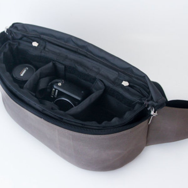 DSLR camera waist Bag, fanny pack, Waxed canvas and genuine Leather, Handmade, bum bag grey