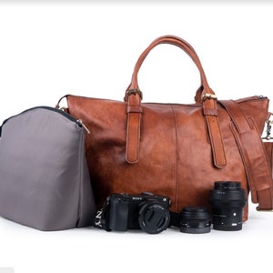 HINAKO Kamera - Dslr Kameratasche mit Einsatz, Schultertasche aus Leder, Schultertasche für Frauen, Leder mit Canvas-Futter, Geschenk zum Jahrestag, braun