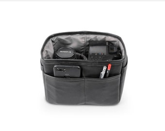 Camera bag insert in genuine leather, camera case and protection for DSLR, padded for camera gear and lenses, colour black