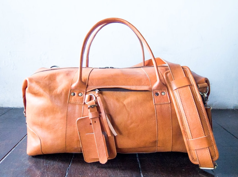 leather travel and weekend bag for men and for women, handmade duffle and holdall, Anniversary gift in brown colour, Brown and personalized. image 1