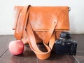 Leather Dslr Camera Bag with camera insert and shoulder strap, use as messenger bag or tote bag, gift for him or her, Tanned colour, small product logo