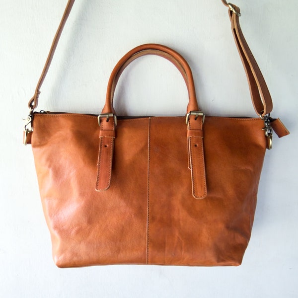Womens leather shoulder or tote bag. For grocery, carry all, laptop, Shopping or Diaper bag. A perfect gift for her. Free monogram brown