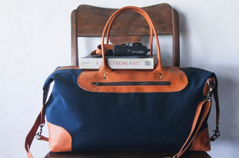 Waxed canvas and leather weekend and travel bag for men and women. Handmade carry on duffel and travel bag. Anniversary gift in navy blue image 5