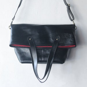 Leather messenger and tote bag for men and women, hand made grocery and diaper bag, cross body shopping bag, yoga or beach bag in black
