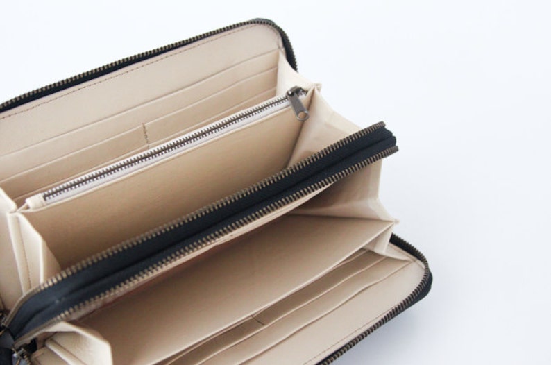 Genuine leather double zip around wallet ALL GENUINE LEATHER Wallet Black Leather creme leather lining Ladies Wallet brass zipper