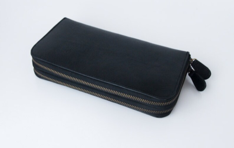 Genuine leather double zip around wallet ALL GENUINE LEATHER Wallet Black Leather creme leather lining Ladies Wallet brass zipper