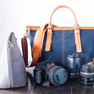 Dslr Camera Bag with Insert, Leather camera shoulder bag, Tote bag for women, Leather with canvas lining, cross body bag, gift for her, navy