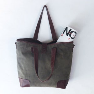 waxed canvas women&#39;s tote bag, hand made with leather detail. Gift for her, shopping bag in canvas.