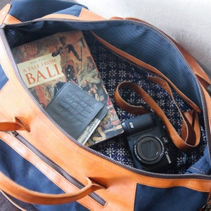 Waxed canvas and leather weekend and travel bag for men and women. Handmade carry on duffel and travel bag. Anniversary gift in navy blue image 4