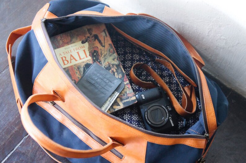 Waxed canvas and leather weekend and travel bag for men and women. Handmade carry on duffel and travel bag. Anniversary gift in navy blue image 4