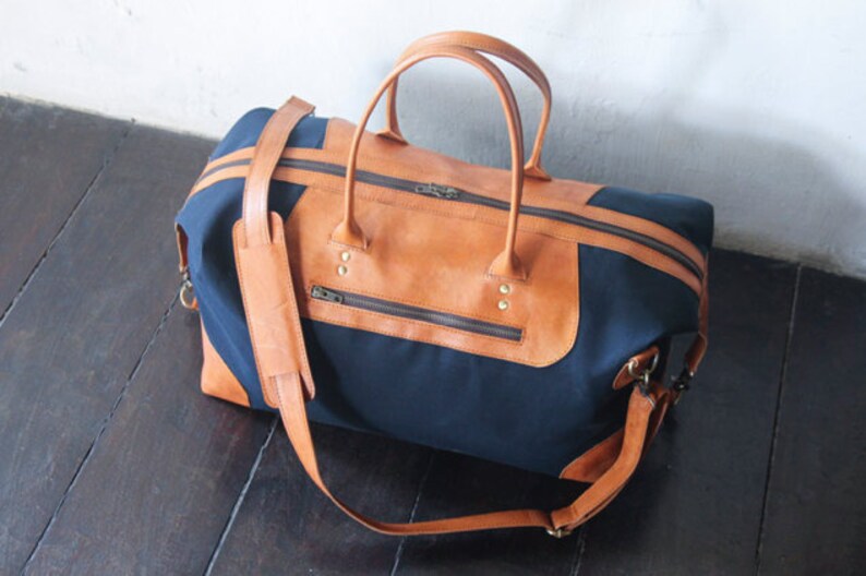 Waxed canvas and leather weekend and travel bag for men and women. Handmade carry on duffel and travel bag. Anniversary gift in navy blue image 2