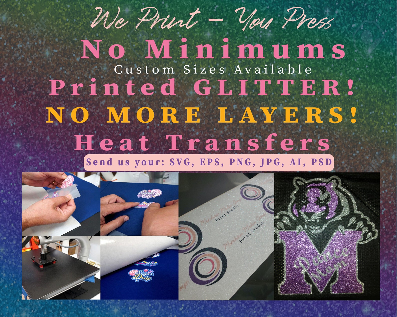 Custom GLITTER HTV Vinyl Transfer Prints Ready to Press HTV Etsy