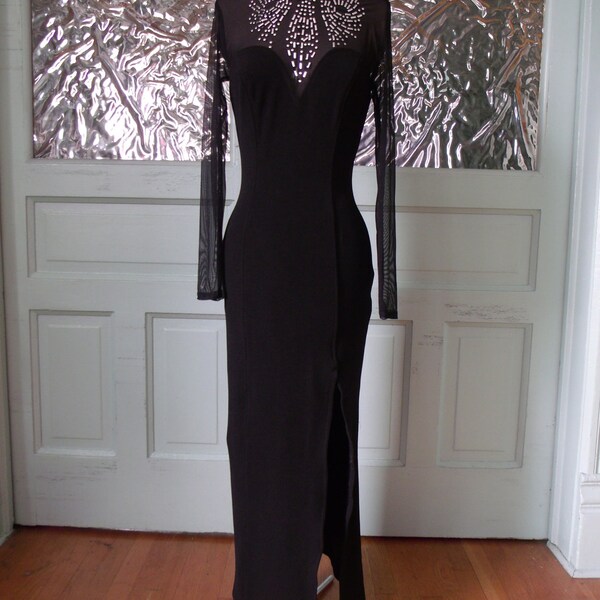 amazing 90's sheer studded long sleeve black heart shape maxi dress size M // L