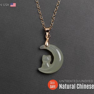 Gold Jade Cat Necklace: Hand-Carved Crescent Moon Pendant