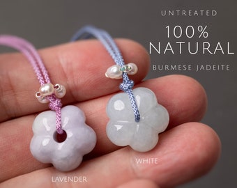 Burmese Jadeite Flower Pendant Necklace: Lavender & White Jade Jewelry, Adjustable Cord