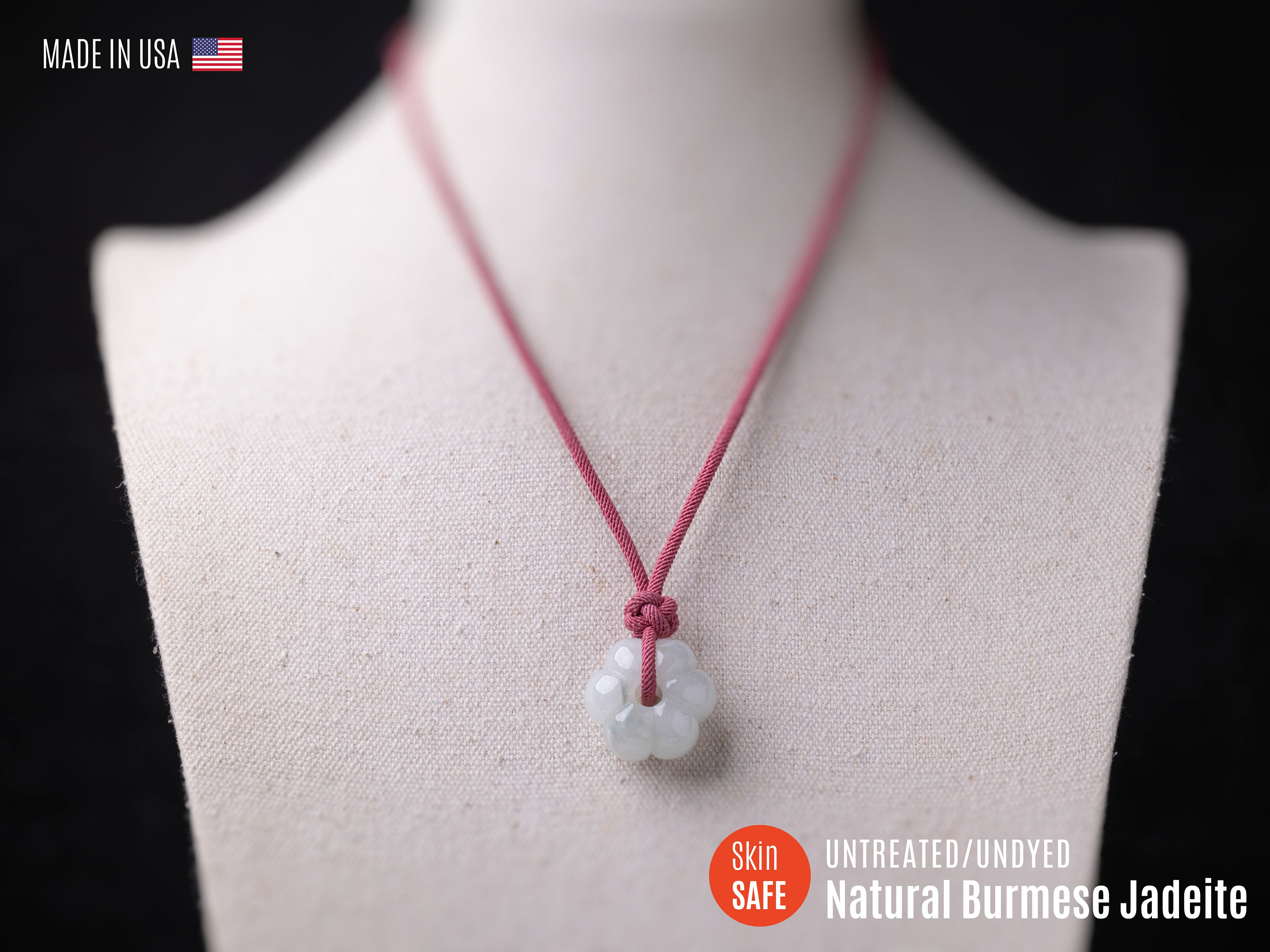 Burmese Jade Flower Necklace: Untreated Jadeite Pendant, Long Adjustable Cord