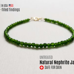 Dainty Nephrite Jade Bracelet: 14K Gold-Filled, Spinach Green