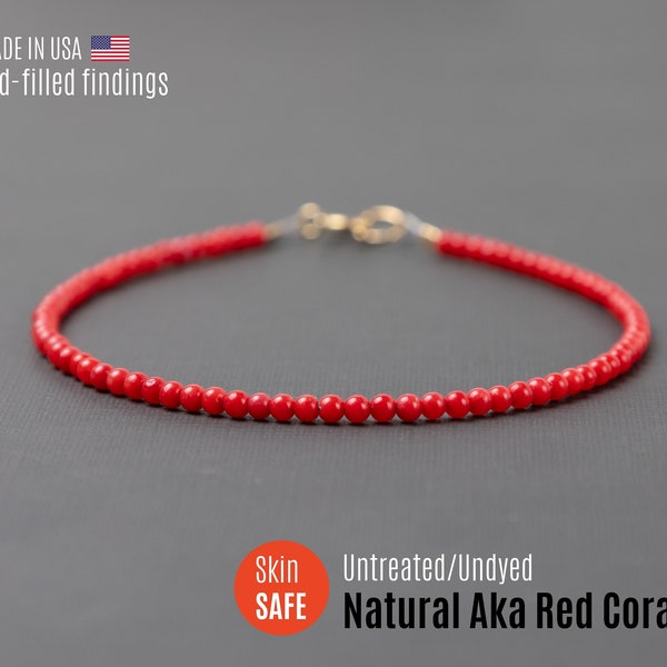 UNTREATED Tiny Coral Bracelet for Women | 2 mm Genuine Aka Red Coral Beaded Bracelet | Stacking Bracelet