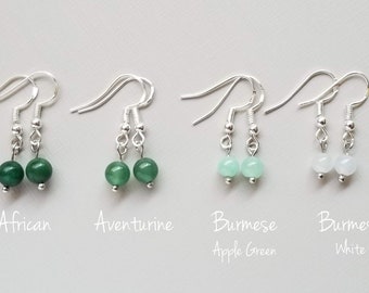 Sterling Silver Jade Drop Earrings: Burmese Jadeite, Aventurine, African Jade