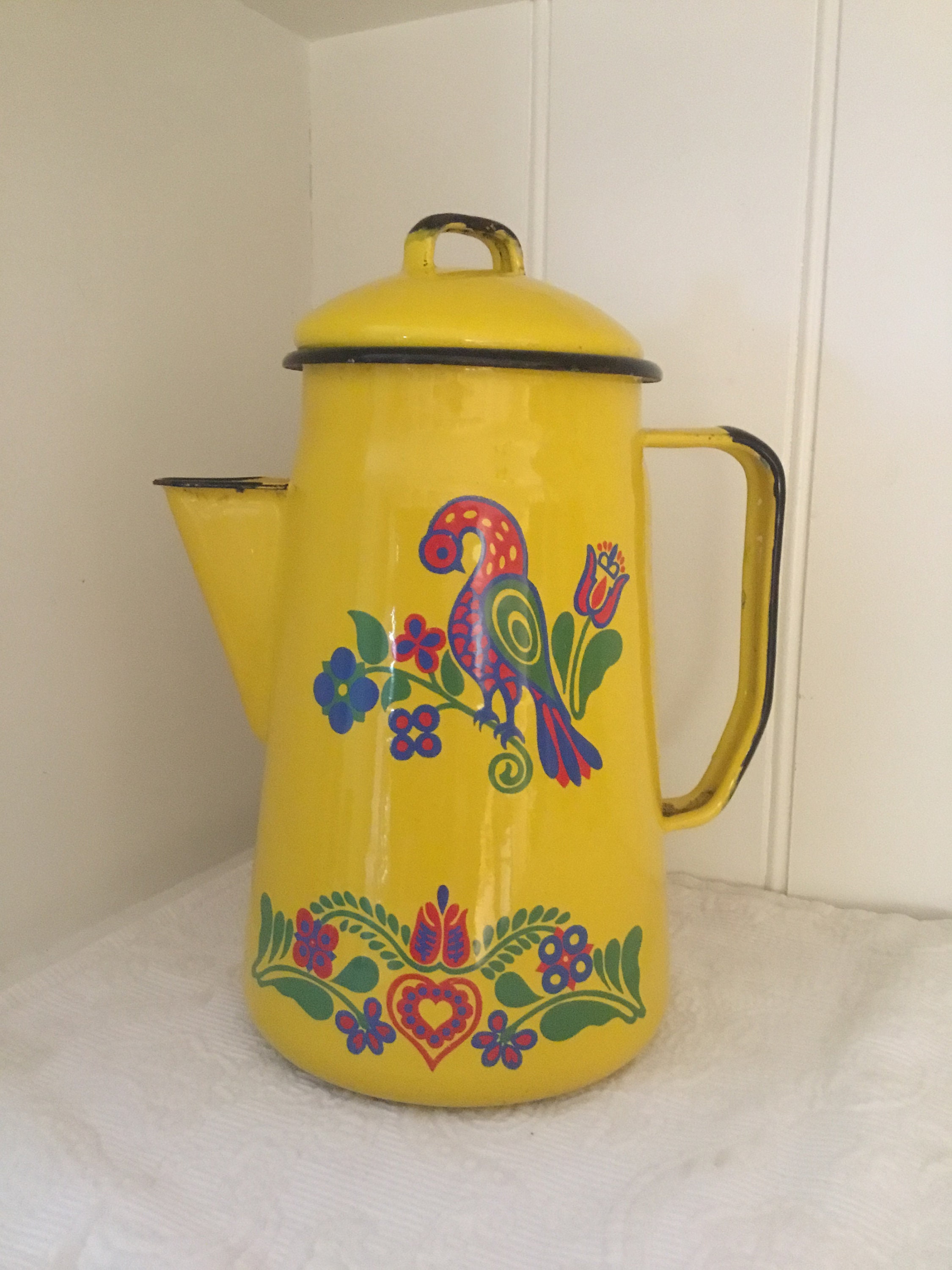 Enamelware Yellow Coffee Pot Vintage Peacock Floral Design Etsy