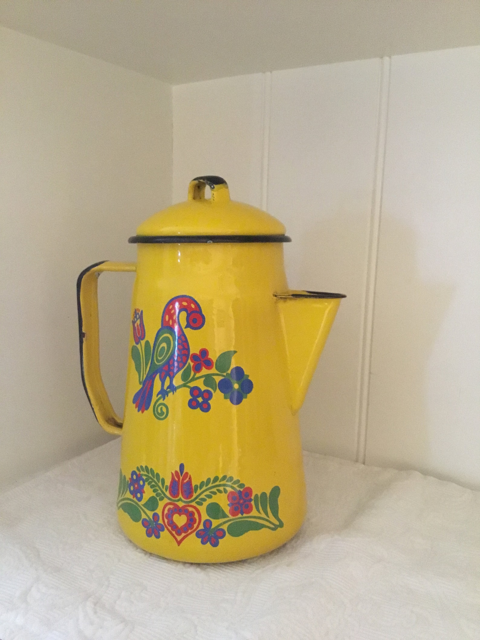 Enamelware Yellow Coffee Pot Vintage Peacock Floral Design Etsy