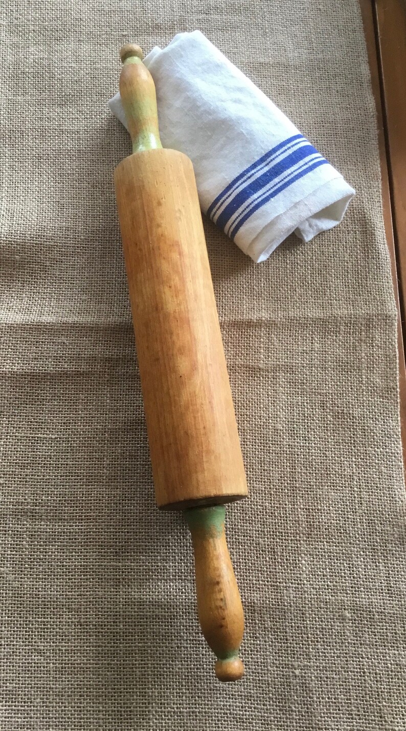 Antique Rolling Pin Wood Green Handles Primitive Baking Etsy