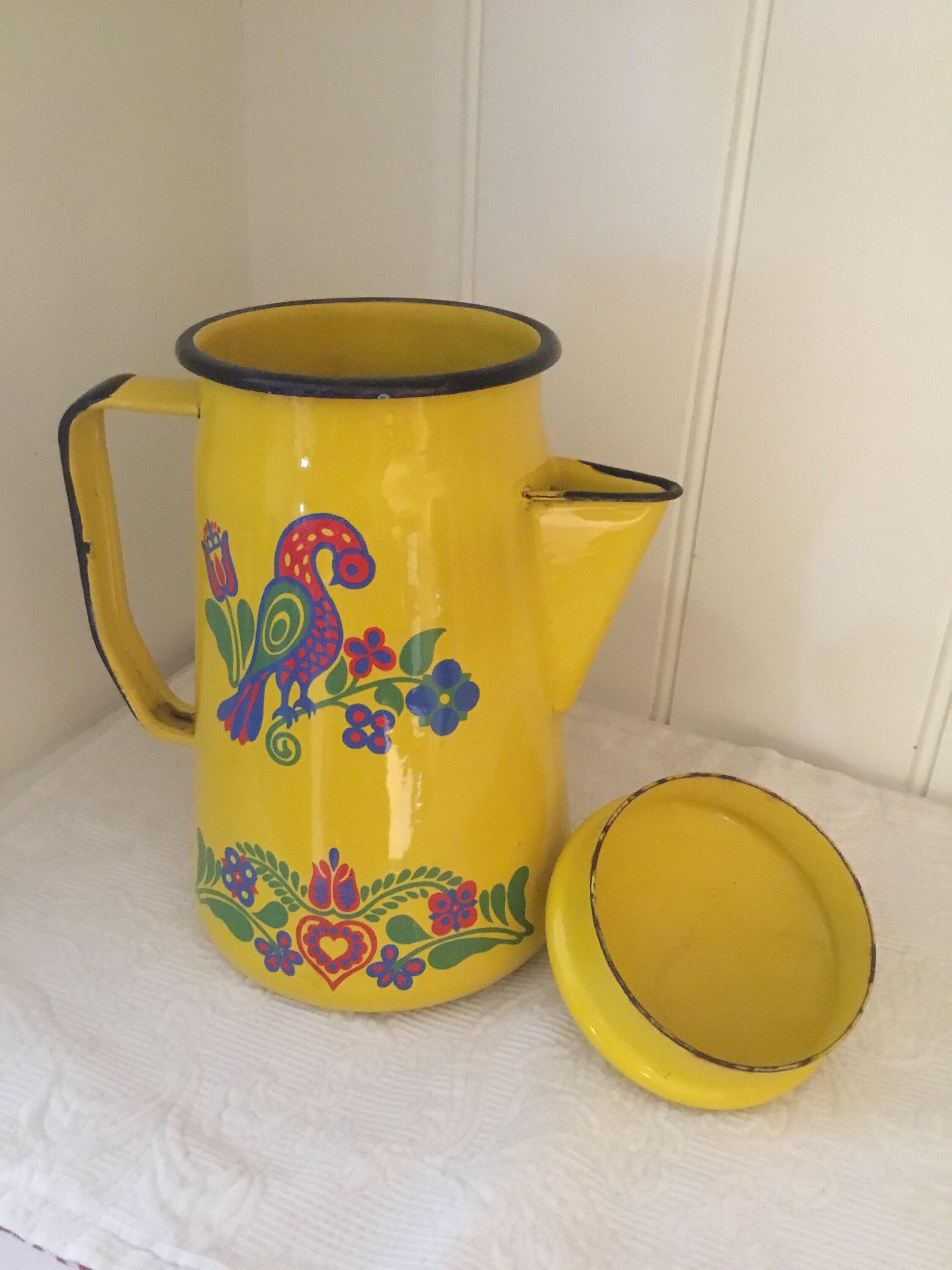 Enamelware Yellow Coffee Pot Vintage Peacock Floral Design Etsy