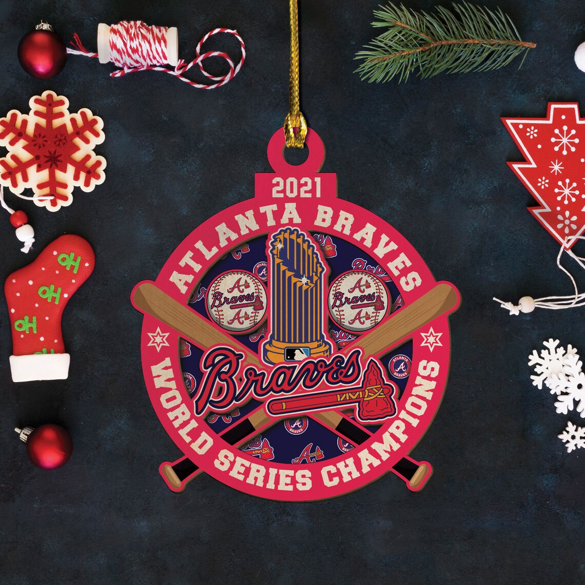 Braves Trophy Wood Christmas Ornament Atlanta Braves Etsy