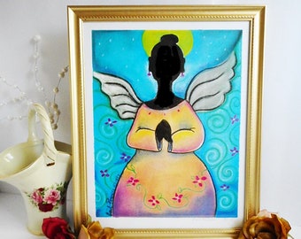 11 x 14 "Guardian Angel" Art Print, Nursery Art, Black American Art Prints, Afrocentric Products, Pastel Drawings,Gifts Under 50