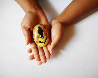 Hand-Painted Rock Paperweight, Girl with Roses, Gail Penrice Rogers Art
