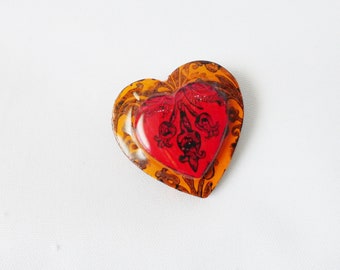 Made to Order Orange Black and Red Heart Shaped Decorative Modern Art Brooch Hand Painted Afrocentric Fashion Jewelry Accessories