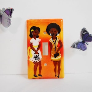 African American Art, &quot;Giggling Sisters&quot; Hand Painted Light Switch Plate, Afrocentric Home Decor, Black Owned Business