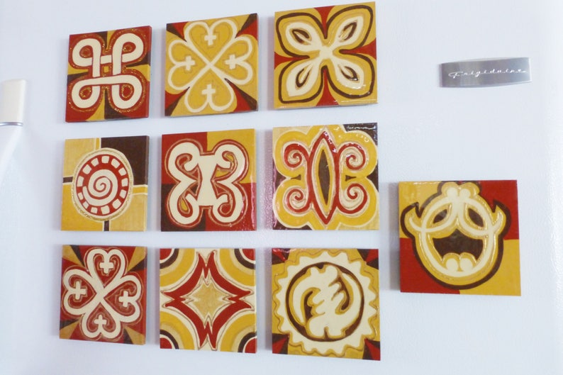 Adinkra Set of 3 4.5x4.5in Ghanaian Symbols Paintings, Unique Gifts Under 160, Afrocentric Home Décor, Hand Painted Wood (10) Frig-Magnets