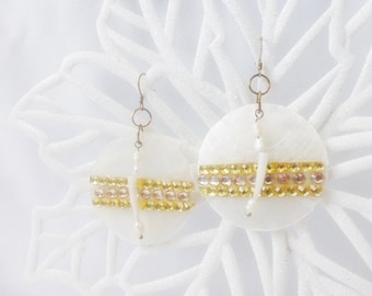 Capiz Shell, Freshwater Pearl Dentalium, Shell Earrings, Eclectic Costume Jewelry