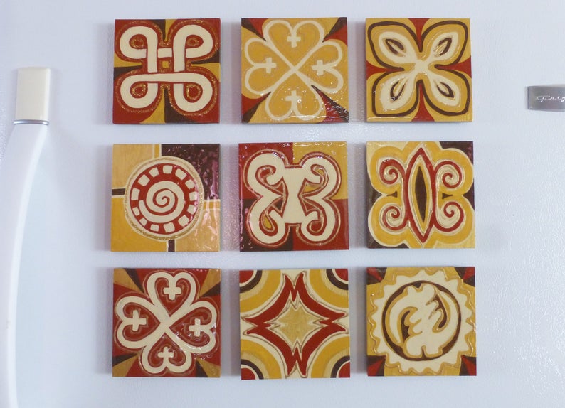 Adinkra Set of 3 4.5x4.5in Ghanaian Symbols Paintings, Unique Gifts Under 160, Afrocentric Home Décor, Hand Painted Wood image 1