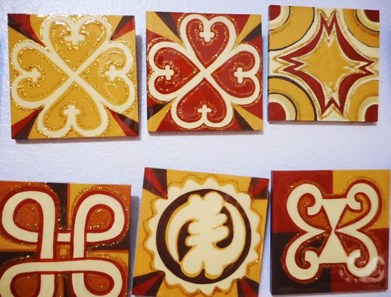 Adinkra Set of 3 4.5x4.5in Ghanaian Symbols Paintings, Unique Gifts Under 160, Afrocentric Home Décor, Hand Painted Wood image 2