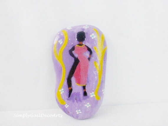 Dancing Lady Hand Painted Stone Afrocentric Decor Collectible Paperweights