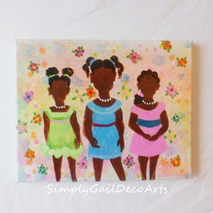 Gift for Her Sisterly Love Amidst a Shower of Flowers Three Girls Afrocentric Paintings Home Decor Nursery Art