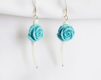 Blue Rose and Sea Shells Dangle Earrings, Contemporary Costume Jewelry,  Fashion Accessories