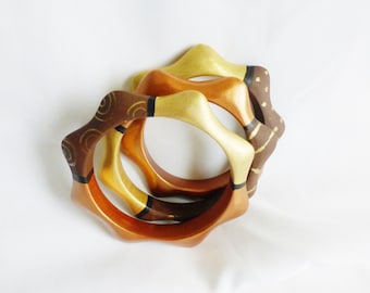Hand Painted Earth Tone  Bracelet Bangles Gold Copper Brown Set of 3 Wooden Accessories