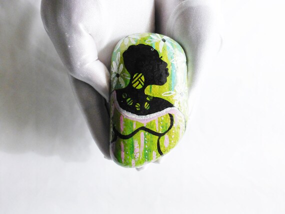 Pink and Green, Collectable Paperweight, Hand Painted Rocks,  Afrocentric Art, Gifts Under 25