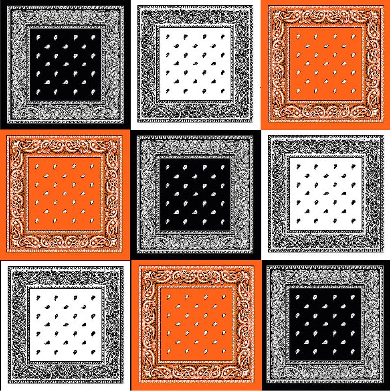 May include: Nine square pattern of bandana designs. Each square features a different colour combination of black, white, and orange. The bandana designs have a paisley border and a repeating pattern of small teardrop shapes.