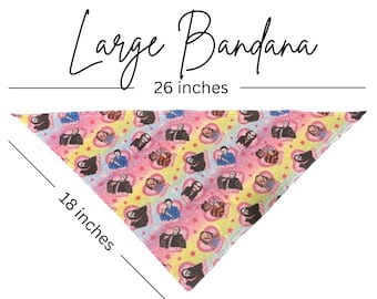 May include: Large bandana with a colorful pattern featuring horror movie characters. The bandana is 26 inches wide and 18 inches high. The text "Large Bandana" is written in a script font.