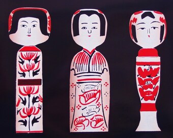 Kokshi Art. 3 Kokeshi Dolls. Handmade Print by Norinaka Suzuki. Japanese Woodblock Print. Vintage. Japanese Print. Sosaku Hanga. Mokuhanga.