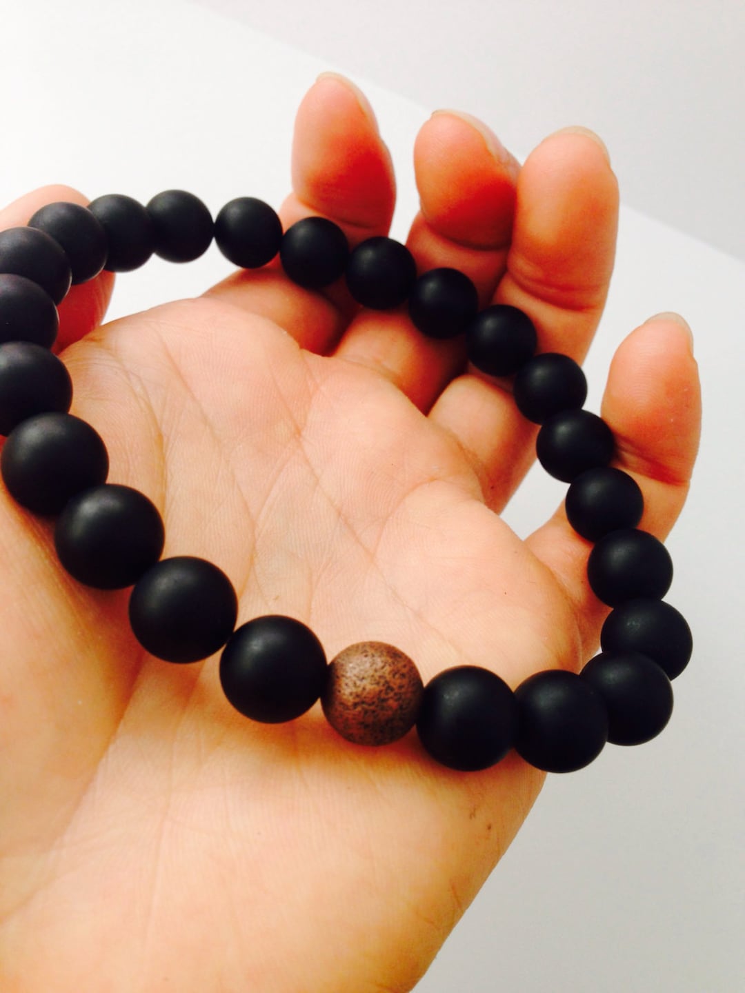 Mens Black Bead Bracelet Matte Black Stone Bracelet Elastic Etsy