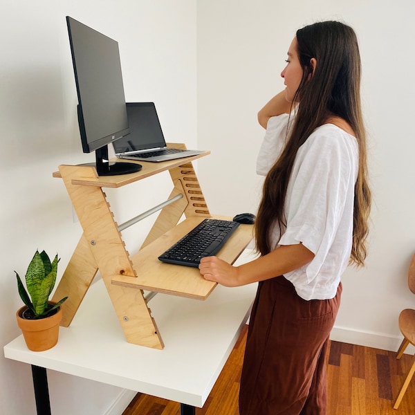 Minimal wood standing desk converter, convertible standing desk, desk riser, ALTO X 24"