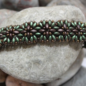 Beautiful Superduo Flower Bracelet; Bead Weaving; Green Bracelet; Brown Bracelet; Band Bracelet; SuperDuo Bracelet; Cuff Bead Bracelet RC013