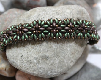 Beautiful Superduo Flower Bracelet; Bead Weaving; Green Bracelet; Brown Bracelet; Band Bracelet; SuperDuo Bracelet; Cuff Bead Bracelet RC013