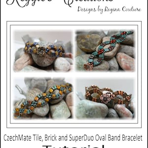 May include: Four close-up images of beaded bracelets made with CzechMate Tile, Brick and SuperDuo beads. The bracelets are displayed on a bed of small, smooth, gray and green stones. The text "CzechMate Tile, Brick and SuperDuo Oval Band Bracelet Tutorial" is displayed below the images.